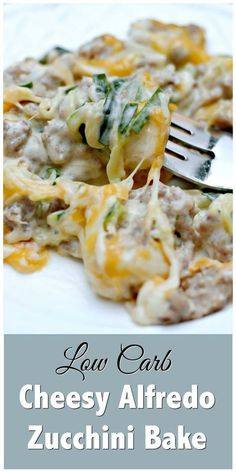 low carb cheesy alfredo zucchini bake on a plate with a fork