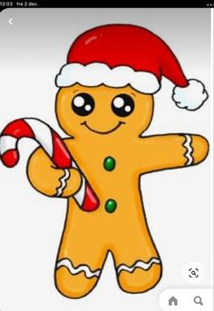 a cartoon ginger holding a candy cane and wearing a santa hat on top of his head