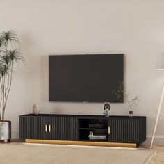 a flat screen tv sitting on top of a black entertainment center next to a potted plant