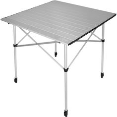 an aluminum folding table with wheels on the bottom and legs, in front of a white background