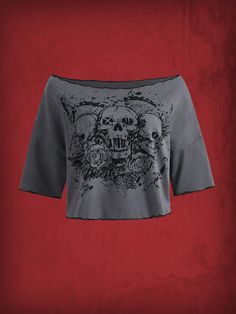 Skull Print Crop Tee, School Grey Casual  Half Sleeve Fabric Halloween  High Stretch  Women Clothing, size features are:Bust: ,Length: ,Sleeve Length: Tvd Clothes, Alt Clothes, Punk Skull, Cropped Graphic Tees, Lace Tee, Floral Skull, Vintage Short, Grunge Punk, Cropped Tops