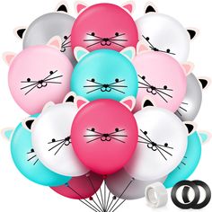 PRICES MAY VARY. DIY Cat Balloons Set: the package includes 50 pieces cat balloons for birthday party, including pink, rose, light blue, white, gray, each color has 10 pieces, 50 pairs of cat ears cards, a roll of polka glue, 2 rolls of 10 meters of black thread, enough to meet your DIY needs Easy to Apply: you can use the cat ear cards we provide in the package to make your own DIY balloons, and there are glues and threads, you can paste the ear cards on the surfaces of cat birthday balloons ea Girls Cat Birthday Party, Cat Party Decorations, Teal Balloons, Kids Party Balloons, Cat Themed Birthday Party, Cat Balloons, Balloons For Birthday, Cat Birthday Party, Outdoor Party Decorations