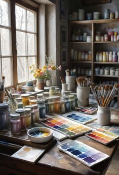 an artist's studio with lots of paint and brushes on the table next to it