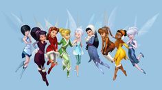 several cartoon tinkerbells flying in the sky