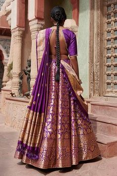 Shop for Weaver Story Purple Silk Bageecha Banarasi Lehenga Set for Women Online at Aza Fashions Purple Silk Lehenga, Lehenga Blouse Designs Silk, Purple Banarasi Lehenga, Banarasi Silk Choli For Navratri With Traditional Drape, Traditional Drape Banarasi Silk Choli For Navratri, Eid Brocade Saree Choli, Traditional Lehenga With Pallu For Ceremonies, Festive Lehenga With Unstitched Blouse For Traditional Ceremonies, Elegant Meenakari Choli For Festivals