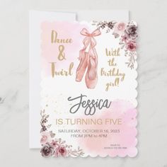 a pink and gold ballerina birthday party card