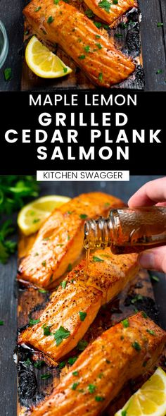 grilled cedar plank salmon with lemons and parsley on the side, being drizzled with maple syrup