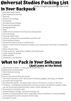 the universal studio packing list is shown with instructions for how to pack and leave at the hotel