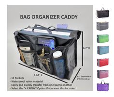 "Check out our Bag Organizer Caddy! This is a separate Add On to our popular Tote Bag Designs. Keep your handbag items nice and organized with the benefit of transferring all of your essential items quickly and easily from one bag to another! This listing is for the Bag Organizer Caddy Only. ------- CADDY BAG ORGANIZER SIZING AND ITEM DETAILS------- Waterproof Made of nylon and is very easy to clean Super lightweight and Foldable Dimensions: 11.4\" Length x 6.7\" Height x 3.5\" W ** Has a handle Tote Bag Organizer, Purse Organizer Insert, Nurse Tote, Nurses Week Gifts, Caddy Bag, Tech Bag, Purse Insert, Tote Organization, Handbag Organization