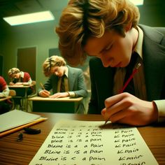 a young man writing on a piece of paper with other people in the background at desks