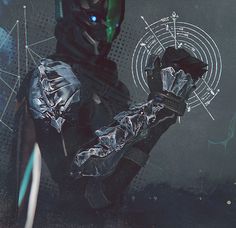 a man wearing gloves and holding something in his hand with futuristic design on the background