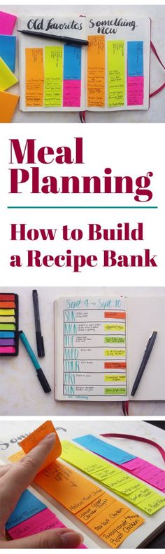 a book with sticky notes on it and the title meal planning how to build a recipe bank