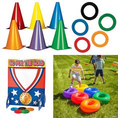 an assortment of toys and games for kids to play in the grass with their parents