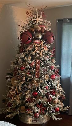 a christmas tree decorated with sports themed ornaments