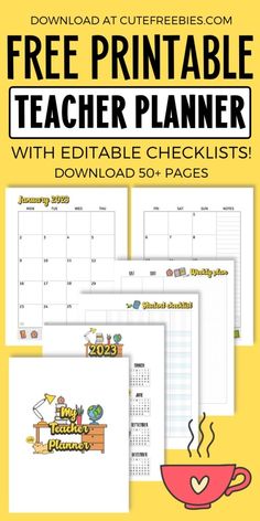 the teacher planner with editable checklists and free printable pages for 2020 - 2021