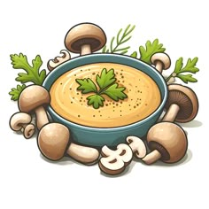 a bowl of soup with mushrooms and parsley on the side, surrounded by words