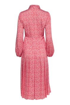 Spring Mid-length Dress With Pleated Hem, Elegant Long Sleeve Midi Dress With Ditsy Floral Print, Elegant Red Floral Midi Dress, Feminine Red Floral Print Midi Dress, Elegant Midi Length Ditsy Floral Print Dress, Feminine Pleated Midi Dress For Casual Occasions, Feminine Pleated Midi Dress For Casual Wear, Pleated Knee-length Viscose Dress, Knee-length Pleated Viscose Dress