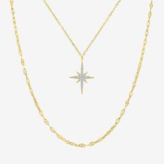 Elevate any ensemble with this women's 2-piece necklace set from the Yes, Please! collection. Crafted from 14K Gold Over Silver, it features a shorter chain with a star pendant accented with round-cut Lab-Grown Diamonds styled with a longer chain for an on-trend layered look. # Pieces In Set: 2Features: Adjustable, In A Gift Box, Celestial JewelryDiamond Clarity: I1-I2Jewelry Closure: Spring Ring ClaspSetting: ProngShape: StarStone Cut: RoundDiamond Color: G-HMetal Color: YellowChain Length: 16 Silver Star Necklace, North Star Necklace, Star Necklace Silver, Necklace Sets, Celestial Jewelry, Diamond Fashion, Yes Please, North Star, Watch Necklace