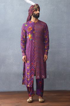 Purple full sleeve kurta with heart, floral stripe, rose print all over. Paired with pant. - Aza Fashions Festive Ikat Print Sets With Long Sleeves, Multicolor Long Sleeve Kurta With Floral Print, Multicolor Long Sleeve Floral Kurta, Multicolor Floral Print Long Sleeve Kurta, Multicolor Long Sleeve Floral Print Kurta, Purple Long Sleeve Sets With Printed Motifs, Long Sleeve Purple Kurta For Spring, Designer Long Sleeve Kurta For Spring, Fitted Long Sleeve Kurta With Printed Motifs