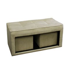 a beige storage bench with two bins on it's sides and an ottoman underneath