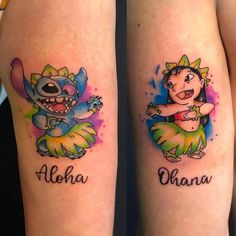 two tattoos with cartoon characters on them, one has the name aloha and the other is an elephant