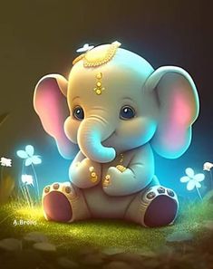 an elephant is sitting in the grass with flowers