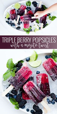 three popsicles with blueberries, lime and mint are on a white platter