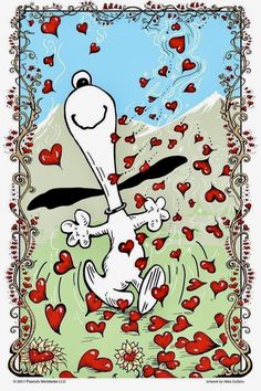 a cartoon dog is dancing in the grass with hearts on it's face and arms