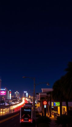 a city street at night with cars driving on the road and palm trees in the foreground