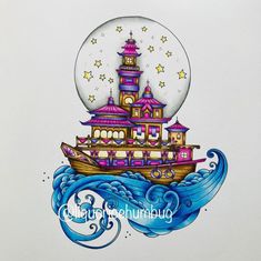 a drawing of a boat with a clock tower on it's side and stars in the sky