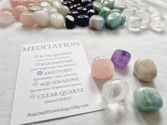 Crystals for Meditation The crystal in this set has been carefully selected to help calm nerves and focus thoughts while providing a sense of peace and well-being. Along with the hand-selected crystals in a cotton pouch, you will receive a guidance card explaining the stones' meaning and properties.  Crystals are hand-selected. Each stone's unique shape, color, and size may not be identical to those in the photo. The set contains 5 tumbled stones. The 5 Crystals included are; * Rose Quartz - is Spiritual Tumbled Crystals For Meditation, Holistic Natural Stones Crystals For Meditation, Crystals For Meditation, Calm Nerves, How To Calm Nerves, Removing Negative Energy, Intention Setting, Cotton Pouch, Meditation Gifts