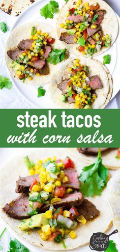 steak tacos with corn salsa on a white plate