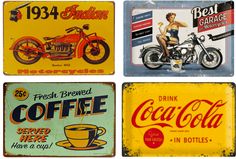 four metal signs with different types of coffee and motorcycles on them, including a woman in a bathing suit