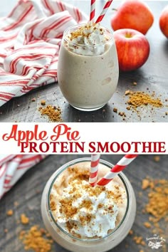 an apple pie protein smoothie in a glass with two straws