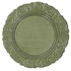 a green plate with an ornate design on the rim and sides, isolated against a white background