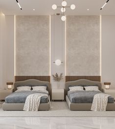 two beds sitting next to each other in a room with white walls and flooring