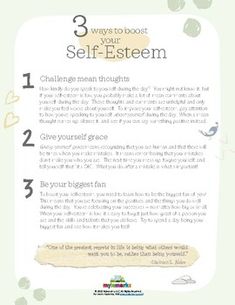 3 Ways to Boost Your Self-EsteemThis resource is taken from The Self-Esteem Journal for Teens! Self Esteem Worksheets For Women, Journal Prompts For Teens, Therapeutic Worksheets, Therapy Inspiration, Emotional Activities, Counseling Tips, Character Worksheets, Building Character, Self Esteem Worksheets