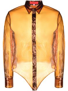 amber orange semi-sheer construction organza panels front button fastening classic collar long sleeves When buying this unisex item, keep in mind that it is graded in standard men's sizing. Organza Shirt Men, Luxury Multicolor Silk Shirt, Men’s Sheer Shirt, Luxury Orange Cotton Shirt, Organza Tops, Orange Leapard Skin Sheer Shirts, Organza Shirt, Eckhaus Latta, Brown Shirt