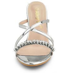 Exclusive to women, these stylish sandals feature a crisscross strap design adorned with rhinestones and set on a block heel. Simple yet glamorous, with stable support, they are suitable for various occasions, effortlessly showcasing an elegant aura. These rhinestone block-heel slide sandals are the perfect glamorous addition to your partywear this season. With an on-trend block heel, they can be paired with a dress, and a statement clutch to finish your look. They are more textured and anti-sli Evening Sandals With Crisscross Straps And Open Toe, Evening Open Toe Sandals With Crisscross Straps, High Heel Sandals With Crisscross Straps For Party, Spring Strappy Sandals With Rhinestones, Evening Cross Strap Synthetic Sandals, Spring Rhinestone Strappy Sandals, Formal Crystal Embellished Wedge Sandals, Formal Crystal-embellished Wedge Sandals, Rhinestone Block Heel Sandals For Spring