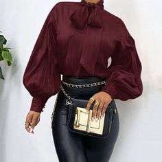 Elegant Bow Collar Long Puff Sleeve Loose Office Blouse Shirt Puff Sleeve Blouses, Office Blouse, Office Shirt, Loose Tunic, Office Women, Girls Boutique Clothing, Bow Shirt, Ankara Fashion, Bow Shirts