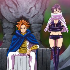 two anime characters sitting next to each other in front of a stone wall and statue