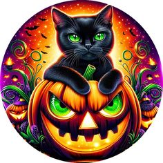 a black cat sitting on top of a jack o lantern pumpkin with glowing green eyes