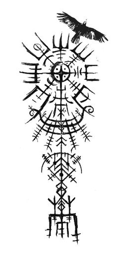 an ink drawing of a bird flying over the top of a cross and other symbols