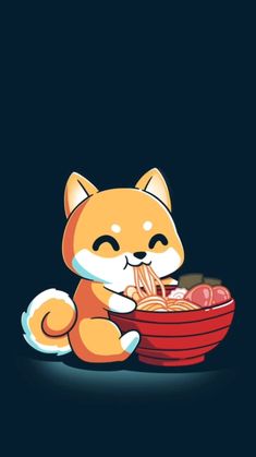 a cartoon cat eating spaghetti from a red bowl