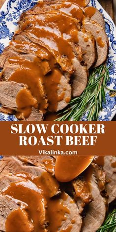 slow cooker roast beef with gravy on a blue and white platter