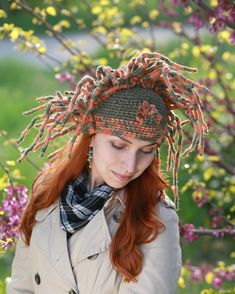 Forest Wreath Crochet Green Orange Horns Hat Woodland Nymph | Etsy Ukraine Handmade Bohemian Costume Hats For Winter, Green Bohemian Crochet Hat For Festivals, Whimsical Handmade Headpieces For Cosplay, Crochet Horns Headband, One Size Green Whimsical Crochet Hat, Whimsical Handmade Cosplay Headpieces, Green Bohemian Headpiece For Festivals, Crochet Woodland Hat, Whimsical Green Crochet Yarn Hat