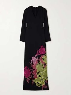 COSTARELLOS Rania embroidered crepe gown | NET-A-PORTER Jean Trench Coat, Summer Style Guide, Crepe Gown, Flat Dress Shoes, Dress Flats, Embroidery Dress, Design Layout, Ladies Fashion, Wide Leg Trousers