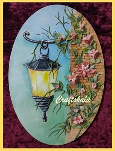 a painting of a lamp post with flowers on it and the words cacaciata written in cursive writing