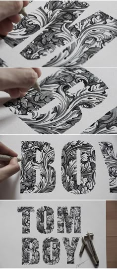 some type of artwork that is being made with black and white paint on paper, including letters