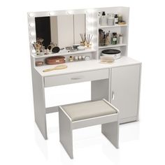 a white vanity with lights on it and a stool in front of the counter top